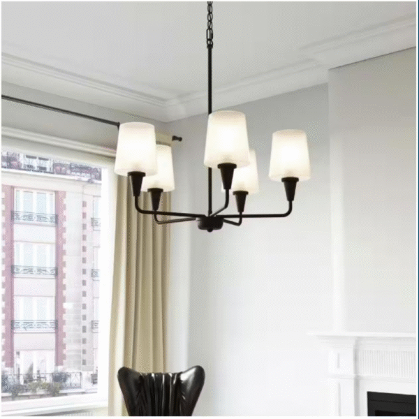 Juniper 5-Light Matte Black Chandelier with White Opal Etched Glass Shades