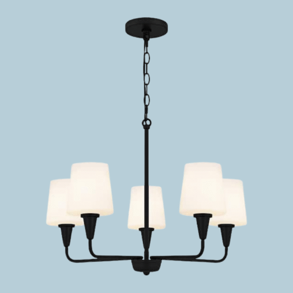 Juniper 5-Light Matte Black Chandelier with White Opal Etched Glass Shades - Image 2