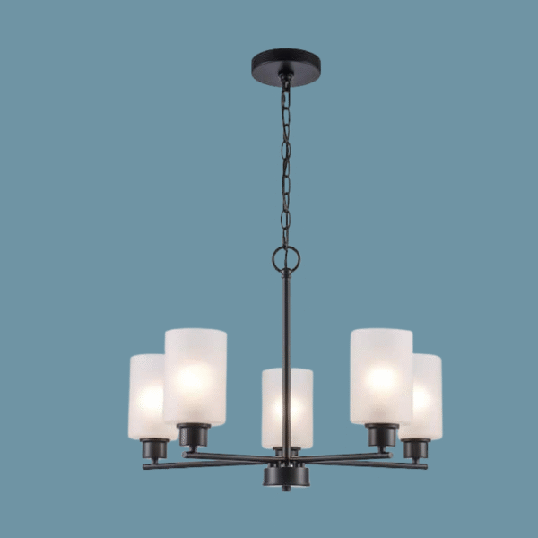 Juniper 5-Light Matte Black Chandelier with White Opal Etched Glass Shades - Image 3