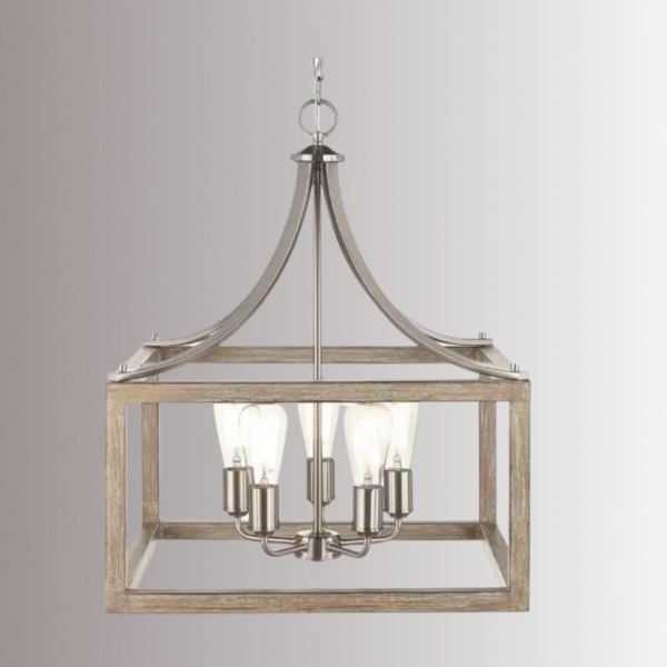 elieBoswell Quarter 20 in. 5-Light Brushed Nickel Farmhouse Square Pendant Chandr with Weathered Wood Accents