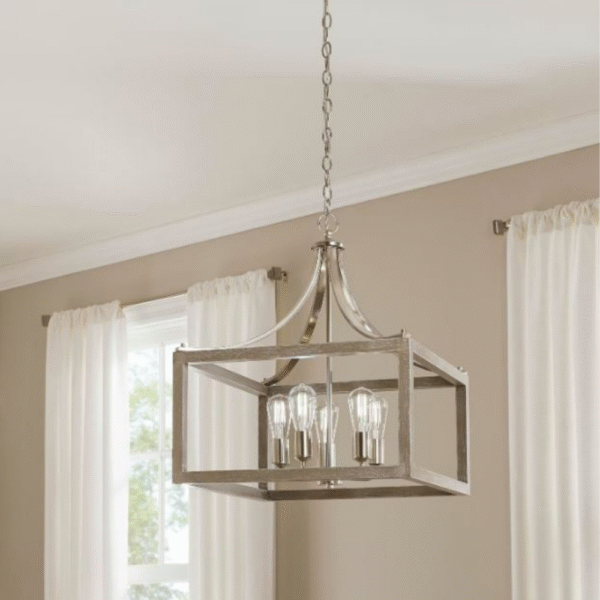 elieBoswell Quarter 20 in. 5-Light Brushed Nickel Farmhouse Square Pendant Chandr with Weathered Wood Accents - Image 3