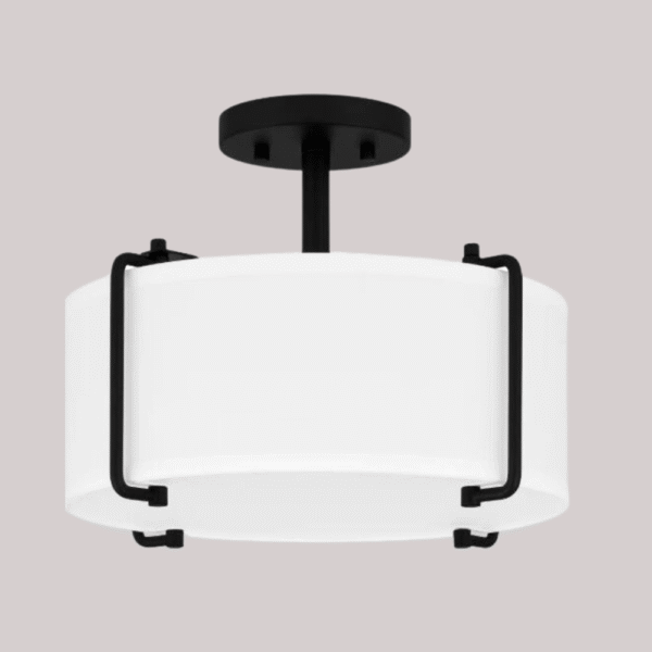 Brookley 14 in. 2-Light Matte Black Modern Semi-Flush Mount with White Fabric Shade - Image 2
