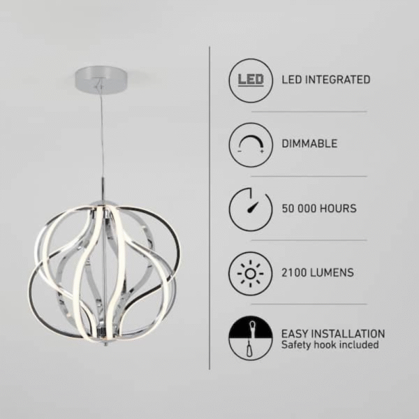 Meridian 30-Watt 1 Light Chrome Modern Integrated LED Pendant Light Fixture for Dining Room or Kitchen - Image 3
