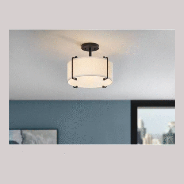 Brookley 14 in. 2-Light Matte Black Modern Semi-Flush Mount with White Fabric Shade